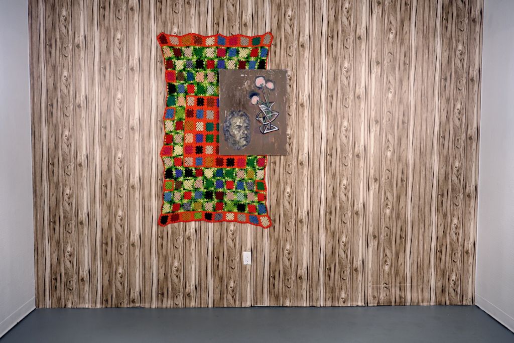 wood pattern wallpaper, vintage crocheted afghan, oil painting on canvas
